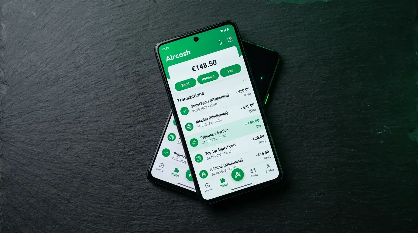 Aircash aplikacija za klađenje s prikazom funkcija